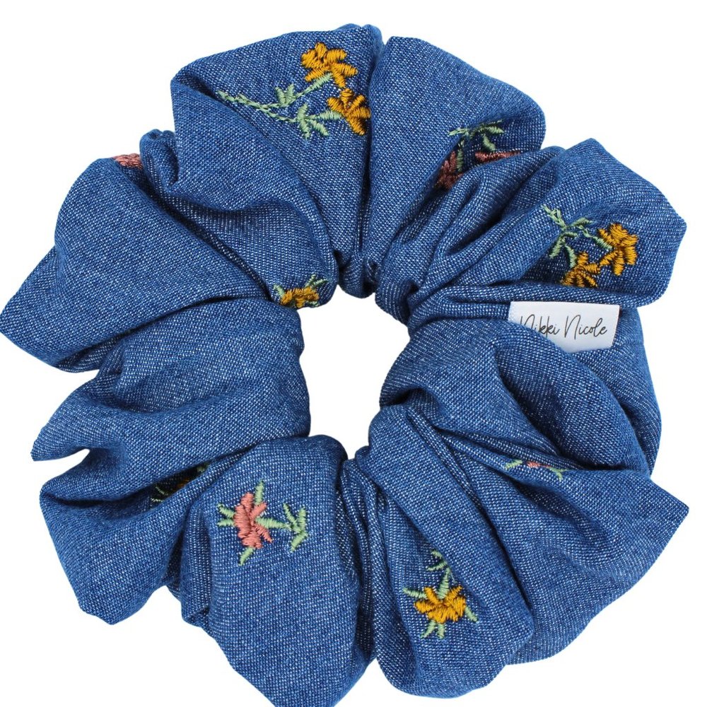 Large Denim Scrunchie  Floral Embroidered Denim Scrunchie